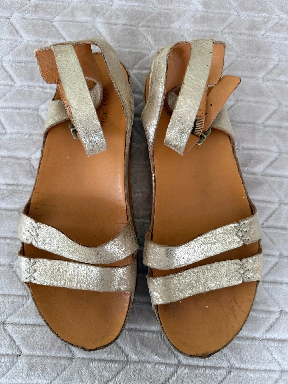 Kork-Ease Metallic Gold Leather Strappy Wedge Sandals
